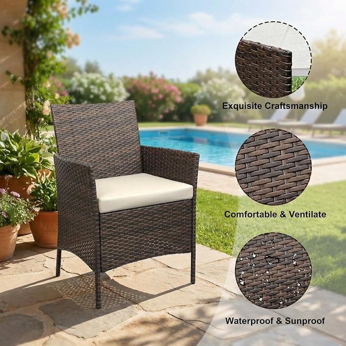 GarveeLife 3 Pieces Patio Furniture Set, Outdoor Furniture Sets with Cushions and Tempered Glass Table for Porch & Garden, Brown Wicker/Beige Cushions
