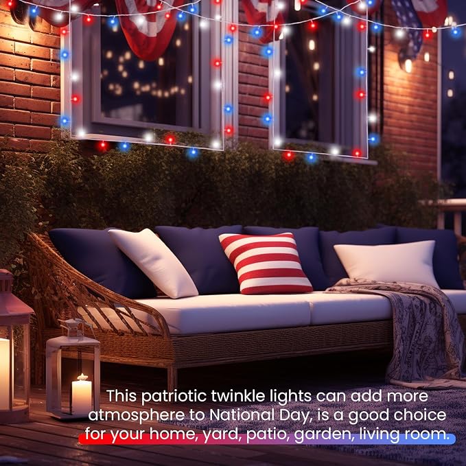 2 Pack 100LED Red White and Blue Lights Battery Operated, Fairy Lights | 33FT 4th of July String Lights with Timer, 8 Modes Waterproof Patriotic Twinkle Light Outdoor for Independence & Memorial Day
