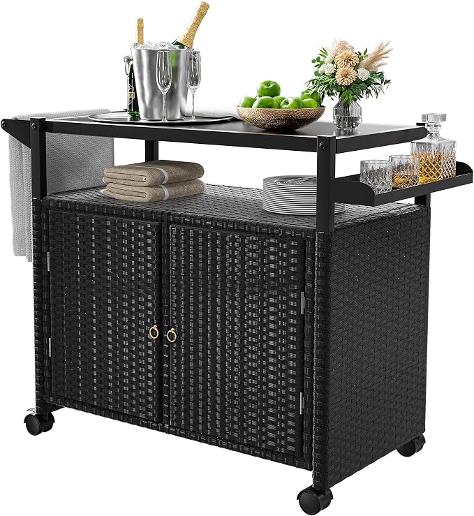 Xilingol Outdoor Bar Table, Wicker Bar Cart with Cabinet, Patio Serving Cart with Tempered Glass Top, Lockable Wheels, Rounded Handle & Side Basket for Garden, Poolside & Backyard, Black