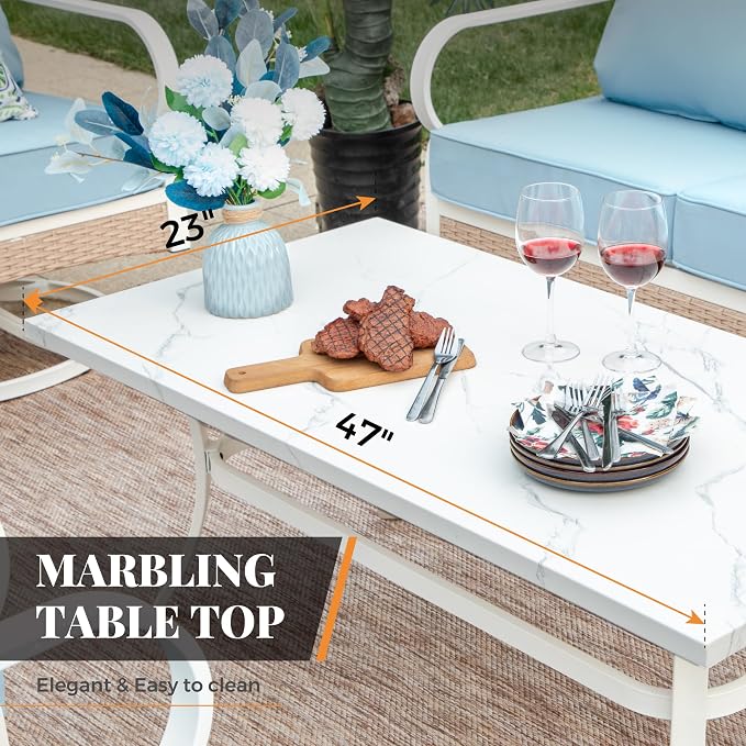 MIXPATIO 6 Piece Patio Furniture Set, 2 x Fixed Chair, 2 x Rocking Chair, 1 x 3-Seat Sofa with Marbling Coffee Table, All Cushioned 7 Seats Outdoor Conversation Set for Lawn Garden Backyard, Blue