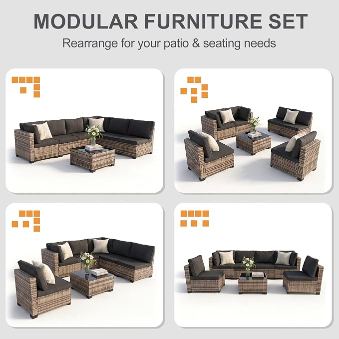 7-Piece Modular Outdoor Sectional Wicker Patio Furniture Set | All-Weather Conversation Set w/ Glass Coffee Table for Backyard, Garden, Poolside (Natural PE Rattan + Black Cushions)