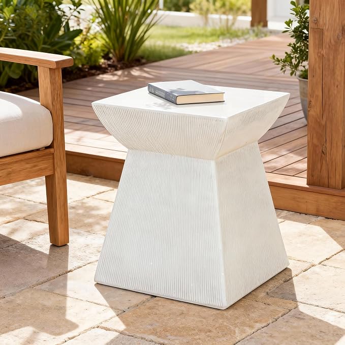 Christopher Knight Home Rell MGO Outdoor Side Table, Square Patio Decorative Small End Table with Pedestal Base, Lightweight Concrete Garden Accent Table for Patio Balcony, No Assembly, White