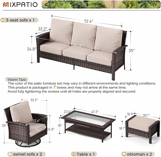 MIXPATIO 6-Piece Wicker Patio Furniture Set with Swivel Chairs, High Back Outdoor Furniture with 5.5-inch Thick Cushion and Ottoman, All-Weather Wicker Patio Conversation Set for Deck Yard Pool, Beige