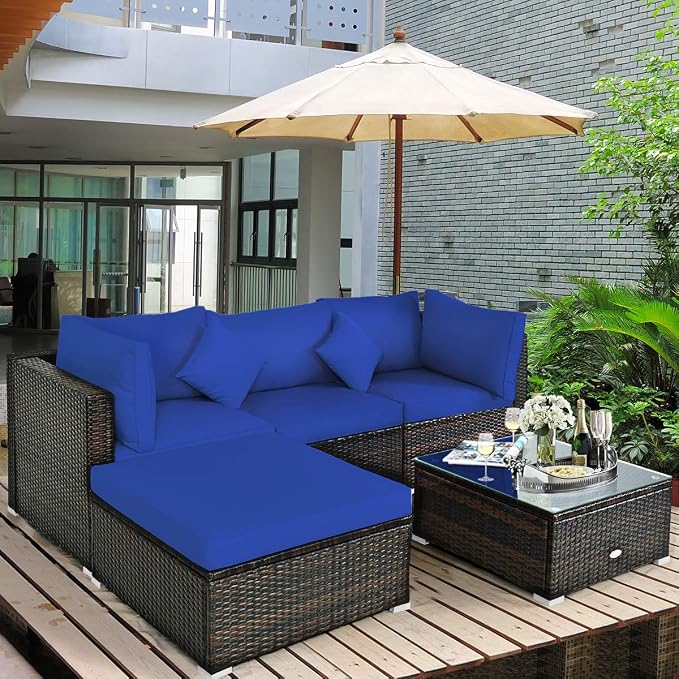 RELAX4LIFE 5-Piece Rattan Sofa Set - Wicker Conversation Set w/Armless Sofa, 2 Corner Sofas, Ottoman, Tempered Coffee Table, All Weather Outdoor Furniture Set for Patio, Poolside, Yard (Navy Blue)