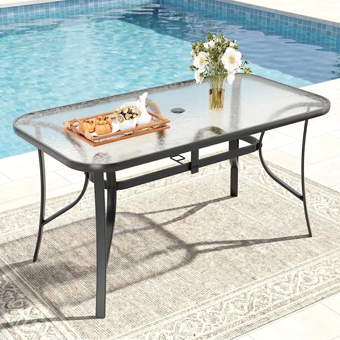 TLSUNNY Patio Outdoor Table W/ 1.69″ Umbrella Hole, 30"X 55" Rectangular Tempered Glass Patio Dining Table for 6, Outdoor Metal Furniture, All-Weather Use, for Patio, Graden, Backyard (Grey)