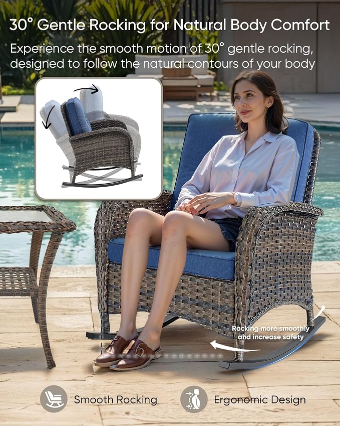 HUMMUH 7-Piece Outdoor Patio Furniture with Fire Pit Set,Wicker Patio Sofa Set Outdoor Rocking Chairs with Ottomans for Backyard,Poolside,Deck