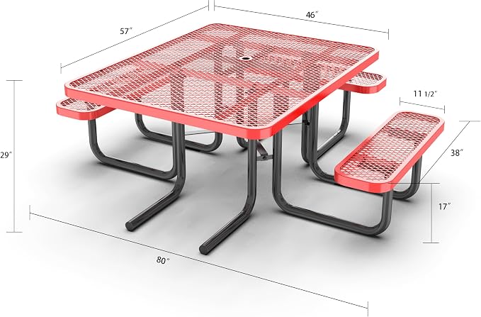 ADA Outdoor Picnic Table, Expanded Metal, Wheelchair Accessible, Red, 46 Inch Square