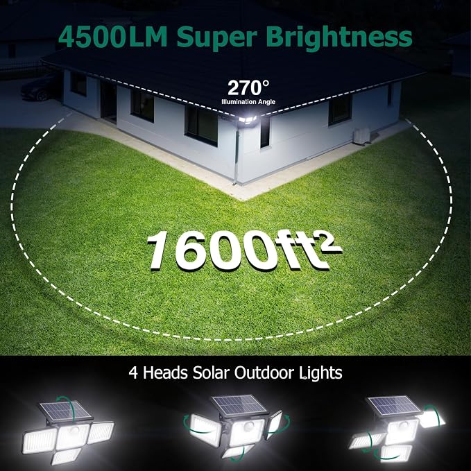 4500LM Solar Lights Outdoor, 4 Adjustable Heads Motion Sensor Lights, 3 Modes, 6500K, IP65 Waterproof Solar Security Wall Lights, Remote Control Flood Lights, Garden, Outside, Backyard, 4 Pack