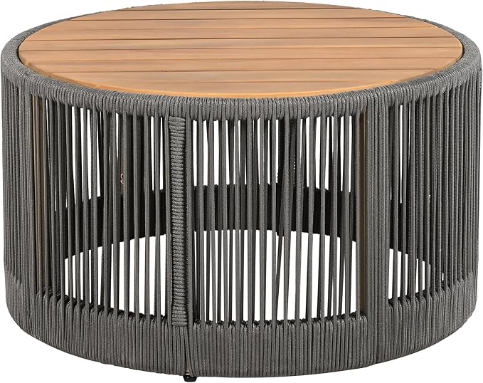 Christopher Knight Home Aueket Rustic Acacia Wood Coffee Table, 26" Round Farmhouse Outdoor Patio Center Table, Boho Home Decor, Iron Frame Rope Design, 220lbs Capacity, Easy Assembly, Teak+ Gray