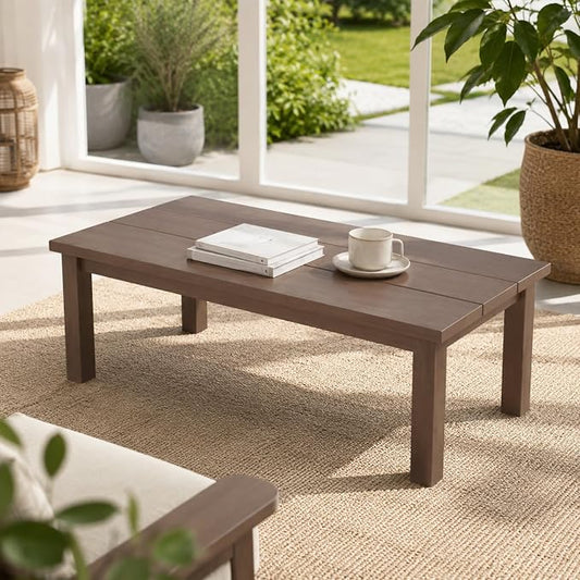 43.9" HDPE Outdoor Coffee Table (Brown) | All-Weather HDPE, Easy Assembly, Low-Maintenance, Large Tabletop, For Patio Deck Poolside Backyard Use