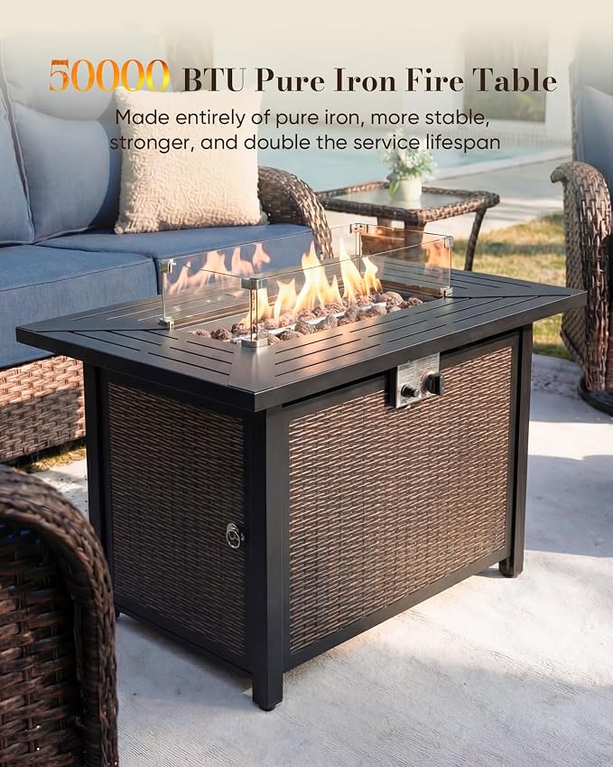 Belord Upgraded 6“ Cushion Luxury 10 Piece Patio Furniture Set with Fire Pit Table - Outdoor Couch & High Back Swivel Rocker Patio Chairs, Wicker Outdoor Furniture for Deck Porch Yard - Brown/Blue