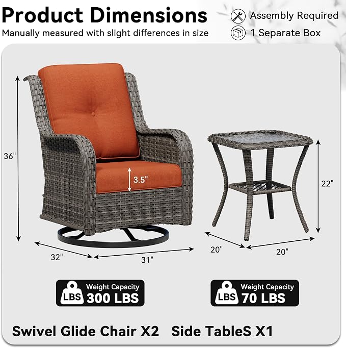 3 Piece Outdoor Wicker Patio Furniture Set, Swivel Rocker Patio Chairs Set with Thickened Olefin Cushions, High Back and Deep Seating, Hand-Woven PE Rattan for Porch, Deck