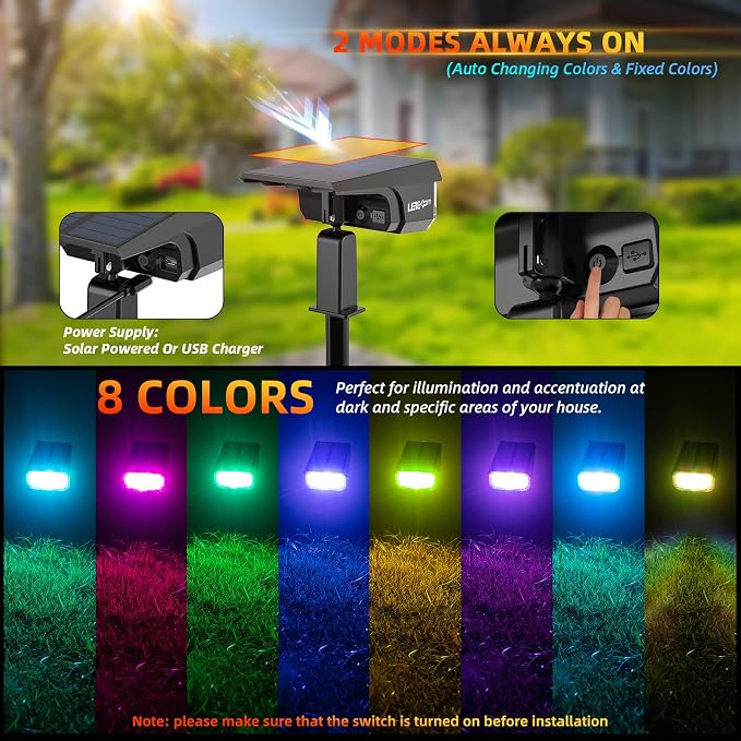 Solar Outdoor Lights,40 LEDs Color Changing RGB Solar Landscape Path Lights,USB & Solar Powered Multicoloured Spotlights,14 Colors Auto Cycling Spotlights for Yard,Garden,2 Pack