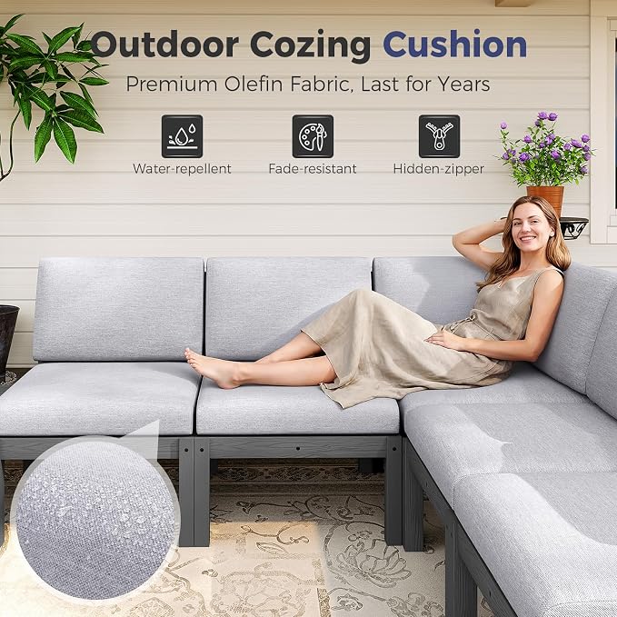 Modular Outdoor Patio Conversation Set, 6-Piece L-Shaped Sectional Sofa Set with Coffee Tables & Thick Cushions, Easy Side Interlock, HIPS All-Weather Patio Furniture Set for Backyard, Deck, Poolside