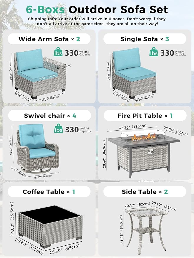 13 Piece Outdoor Wicker Sectional Sofa Set with Swivel Chairs & Fire Pit Table, 9-Seats with 4" Thickened Cushions & Coffee Table, All-Weather PE Rattan for Garden, Backyard, Porch, Turquoise