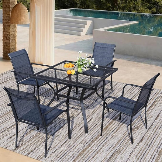 5 Piece Outdoor Dining Set, Patio Table and Chairs Set of 4, 37.5" Black Square Patio Table with 4 Dark Blue Stackable Patio Chairs for Lawn, Garden, Porch