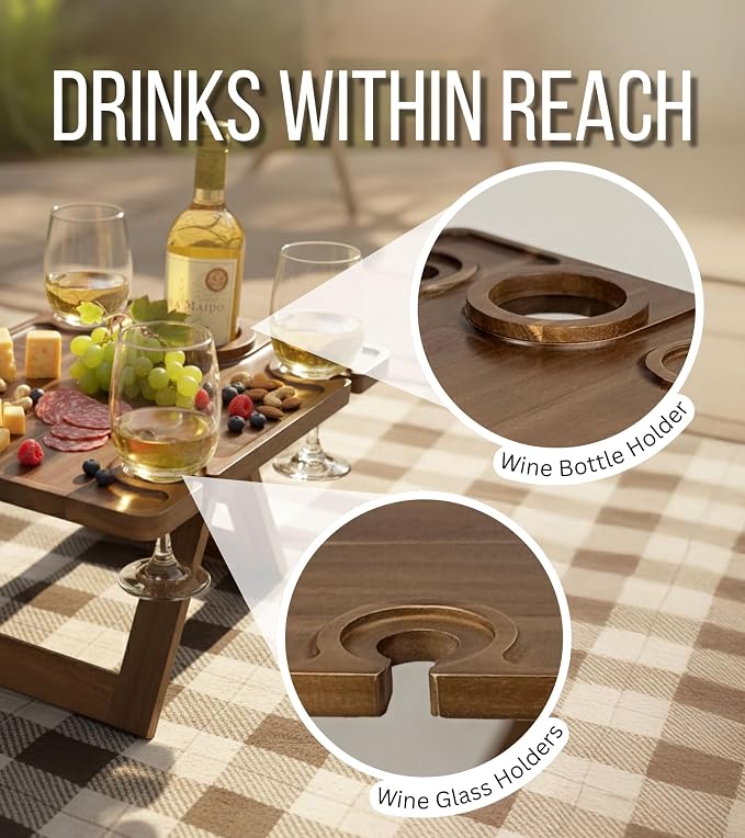 Portable Wine Picnic Table in Acacia Wood, Wine Charcuterie Board with Glass Holders, Outdoor Folding Wine Table for Beach, Park & Indoor Use, Gift for Wine Lovers