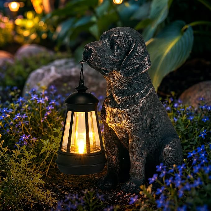 Lyeasw Solar Dog Statues with Lantern, 8.4 inch Ideal Gifts for Mom, Dad or Birthdays Dog Memorial, Outdoor Decorations for Patio Porch Lawn Backyard