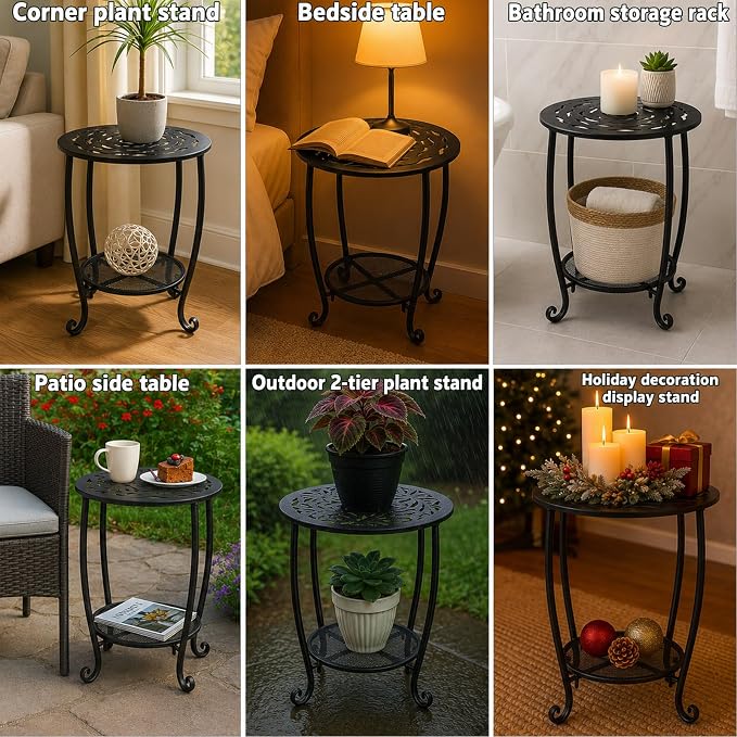 2-Tier Metal Round Side Table Black Accent Coffee Tables Small Space Corner Plant Stand Shelf for Indoor Outdoor Porch Patio Balcony Living Room End Table with Storage, Rust-Proof