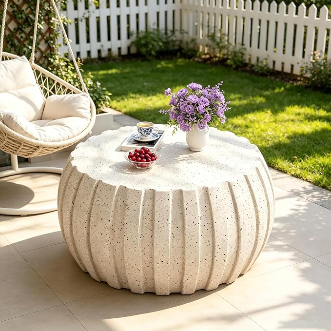 35.43" Concrete Outdoor Table,Modern Round Stone Coffee Table,Waterproof Outdoor Coffee Table for Patio for Terraces, Gardens, Backyards and Living Rooms (White, 35.43")