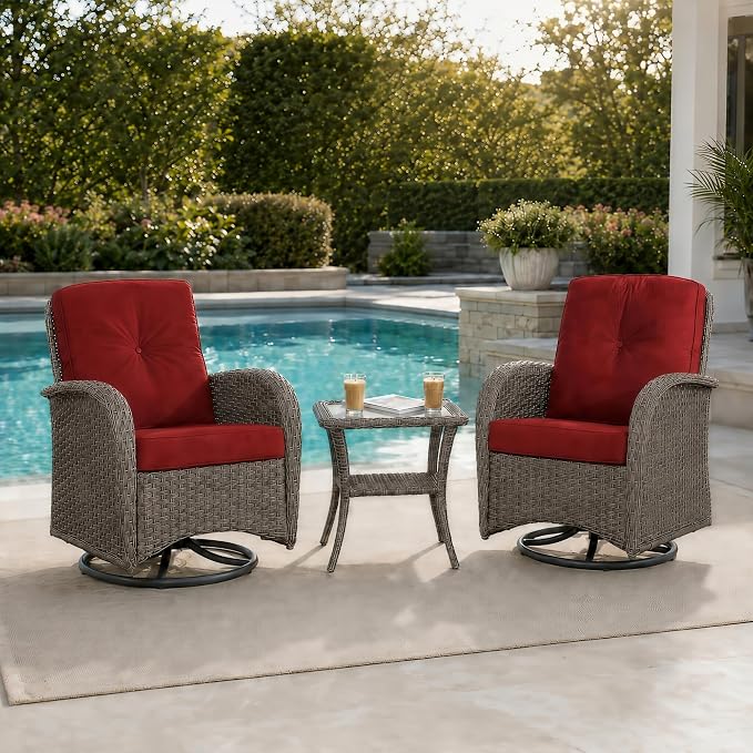 3-Piece Wicker Patio Bistro Set, 2-Pack Swivel Rocking Chairs, Grey/Red | 2-pack chairs, 360-degree swivel, Olefin fabric, removable covers, 4-inch cushions, 2-tier side table, porch use