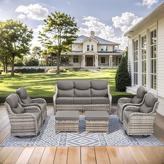 HUMMUH 7 Pieces Wicker Patio Furniture Set with Patio Swivel Chairs Set of 4,High Back Outdoor Sofa Ottomans,6 Inch Thick Cushions Outdoor Conversation Set for Porch, Balcony, Deck