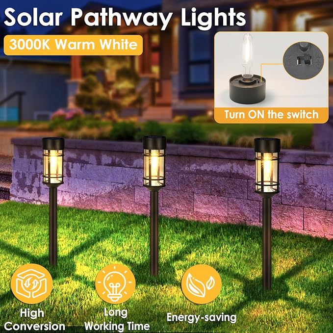 Mancra Solar Pathway Lights, 8 Pack LED Solar Lights Outdoor Waterproof, Glass Metal Garden Lighting for Yard Path Landscape Lawn Walkway Driveway, 3000K