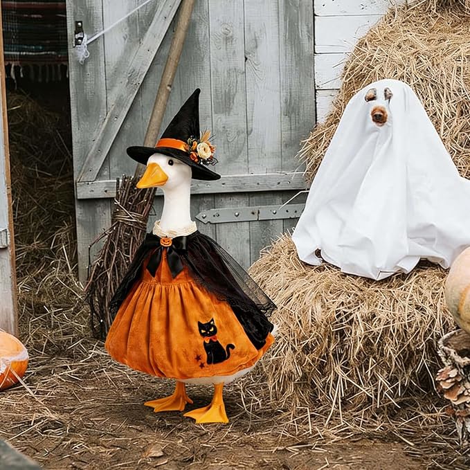 Halloween Porch Goose Outfit 23 Inch Porch Goose Clothes for Holiday | Pumpkin Dress Cape Witch Hat, Thanksgiving Goose Outfit, Christmas Goose Clothes, Holiday Costume for Lawn Geese Status