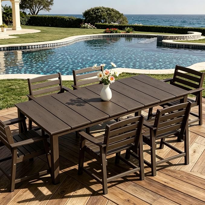 AreShark 7-Piece Outdoor Dining Set,HDPE Patio Table with 6 Armchairs,All-Weather Patio Furniture Set with Umbrella Hole,Low Maintenance Wood Grain Dining Set for Backyard,Garden,Poolside,Black