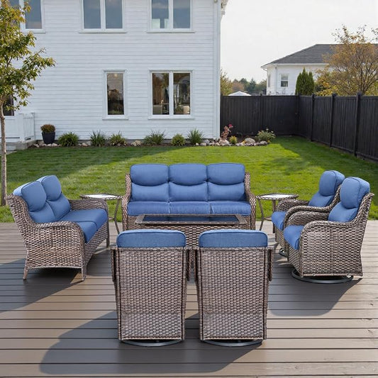 Outdoor Swivel Rocker Patio Chairs Set of 9 with 5" Thick Cushions ,9 Piece Furniture Set with Fire Pit Table All Weather Wicker Conversation Set for Porch Deck - Brown Wicker | Blue Cushions