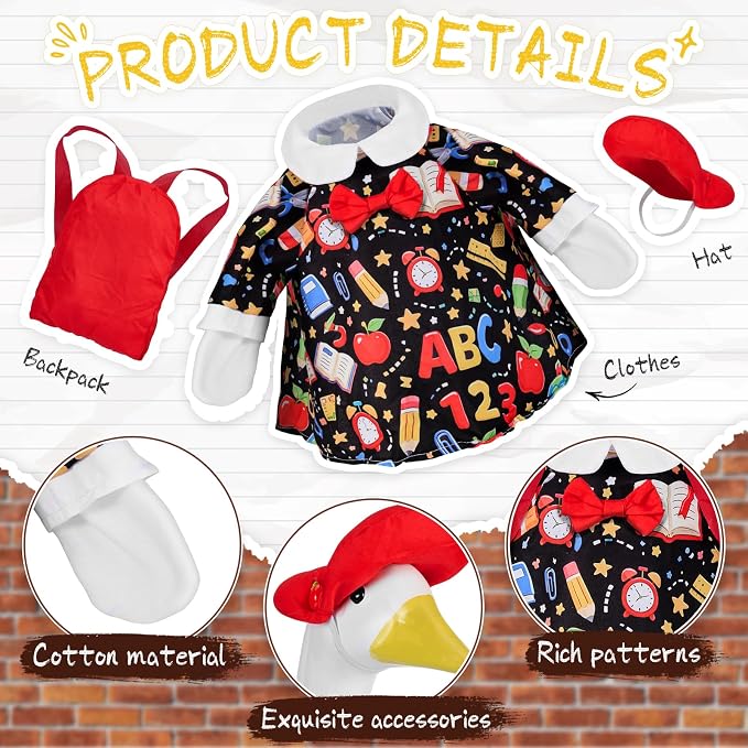 1 Set Back to School Porch Goose Outfit for 23 Inch Lawn Goose Statue | School-Themed Goose Clothes Set Includes 1 Outfit, 1 Hat and 1 Backpack for Patio, Yard, Classroom or Garden Decor