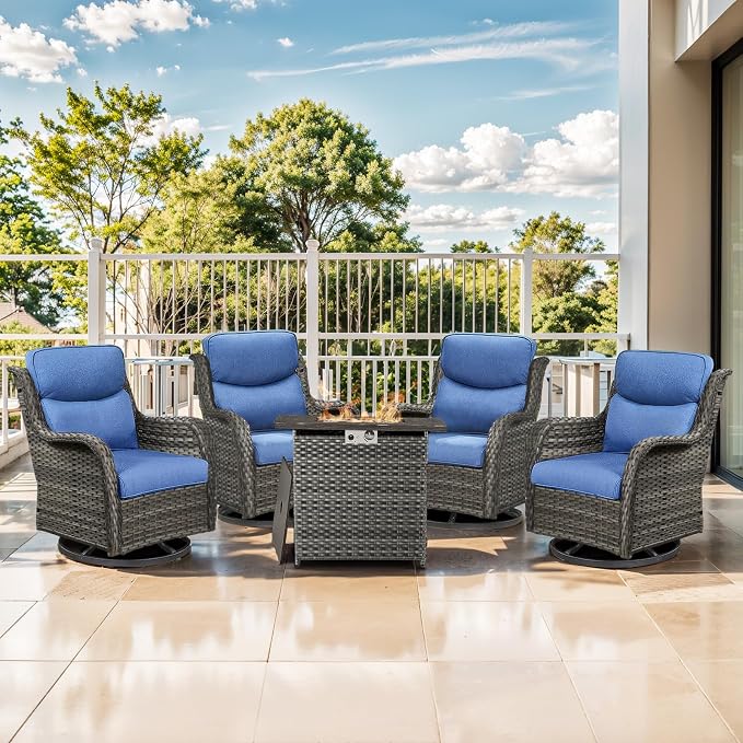 Outdoor Swivel Rocker Patio Chairs Set of 4 with Fire Table - 5" Thick Cushion 5 Piece Furniture Set with Fire Pit Table All Weather Wicker Conversation Set for Porch Deck - Gray/Blue