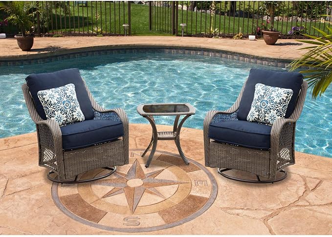 Hanover Orleans 3-Piece Patio Conversation Set with 2 Gray Wicker Swivel Rockers, Heather Gray Cushions, and Glass Top Square Table, Outdoor Bistro Set 3-Piece