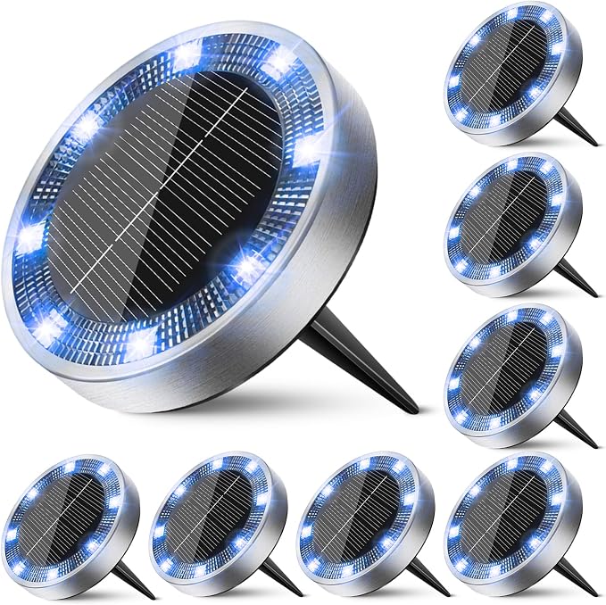 Mini Solar Ground Lights Outdoor, 8 Pack Flat Solar Powered Disc Lights, IP68 Waterproof, Anti-Rust, Landscape Lighting for Pathway Garden Yard Lawn Walkway Landscape Driveway, Blue