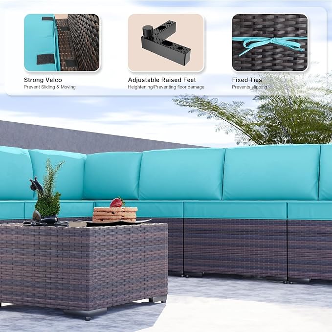 9 Pieces Outdoor Patio Furniture Set Brown Rattan Sectional Sofa with Manual Wicker, Cushions and Covers, Tempered Glass Tea Table Patio Conversation Set for Backyard Garden Lounge(Beige)