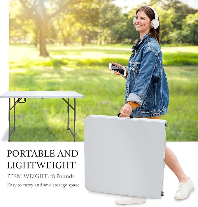 AJP Distributors 4 Foot Portable Plastic Folding Table 4FT 48" Half Foldable Heavy Duty Top w/Carry Handle - Indoor Outdoor Backyard Camping Picnic BBQ Party Wedding Dining Office Event Meeting White