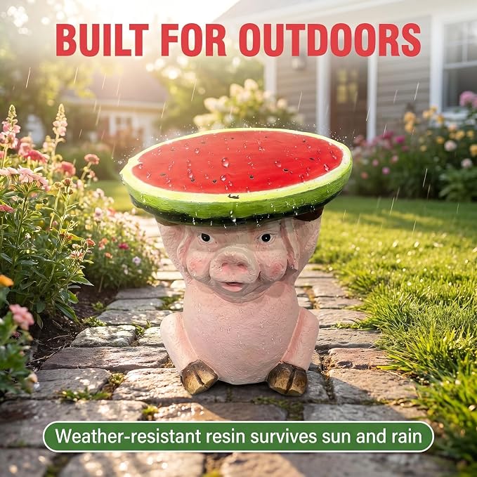 13.4 Inch Tall Pig Side Table Garden Decor Outdoor Resin Statue | Whimsical Watermelon Tray, Plant Stand, End Table Figurine, Weather Resistant