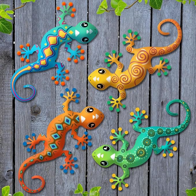 4 Pcs Metal Gecko Outdoor Decorations - Metal Lizards Wall Art Hanging Sculpture Decoration for Garden Yard Fence Porch Exterior Wall Decor