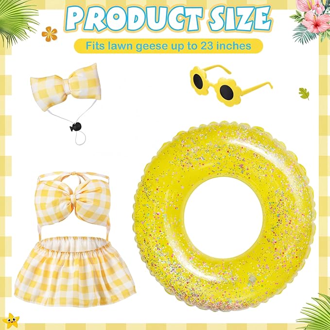 Bikini Porch Goose Outfits with Sunglasses and Swimming Tube for 23" Summer Goose Costume Garden Patio Statue Decor(Yellow Plaid)