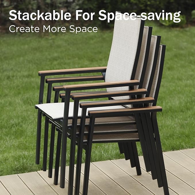 PHI VILLA 7 PCS Outdoor Dining Set, Patio Metal Furniture Set with 59"x35.4" Dining Table & 6 Stackable Aluminum Textilene Chairs, Patio Table and Chairs for Deck Garden Poolside, Beige