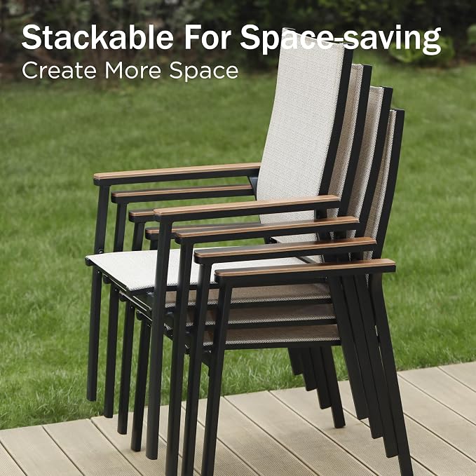 PHI VILLA Round Outdoor Dining Set for 4 with Aluminum Chairs, Beige | Stackbale chairs, Breathable & quick-drying sling, Light-weight & space-saving, Metal Table, Umbrella Hole, Patio deck