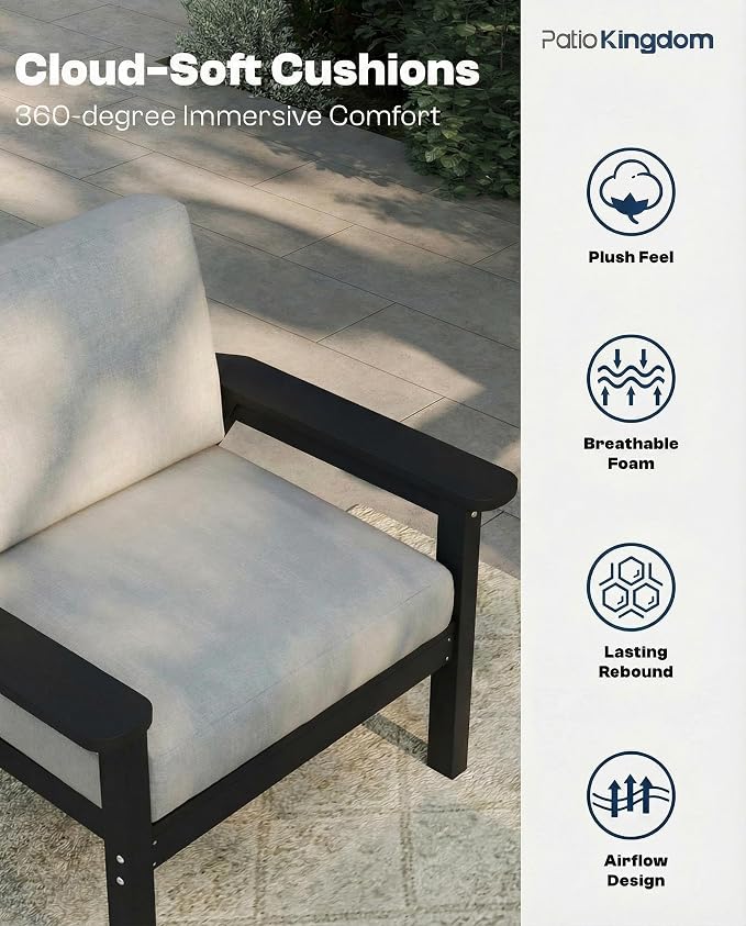 7 Piece Patio Furniture Set, HDPE Outdoor Sectional with Gray Washable Thick Cushions, Coffee Table, Patio Conversation Sets for Lawn, Garden, Porch, Balcony (Black Frame)