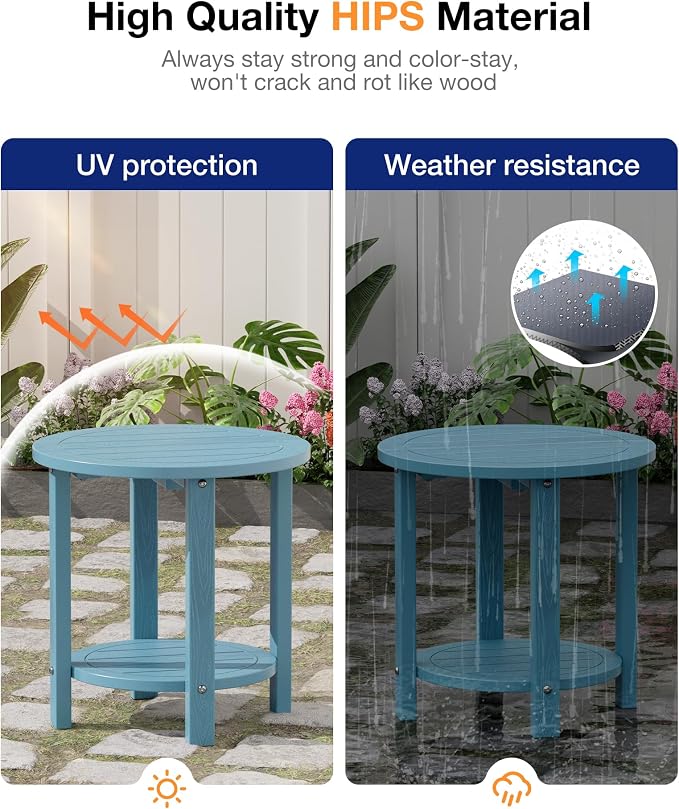 YEFU Outdoor Side Table for Patio: 16in HIPS Small Round Outdoor End Table - 2-Tier Adirondack Tables for Porch Patio Yard Poolside Living Room Beach Bedroom (Blue, 2 Pack)