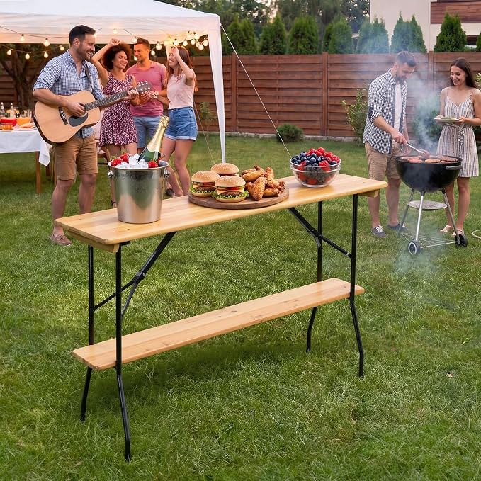 VINGLI 70-Inch 2-Tier Wooden Folding Table, Folding Picnic Table with Sturdy Metal Frame, Lower Tabletop Removable for Easy Use,Perfect for Picnics, BBQs, Parties, Bars, and Camping