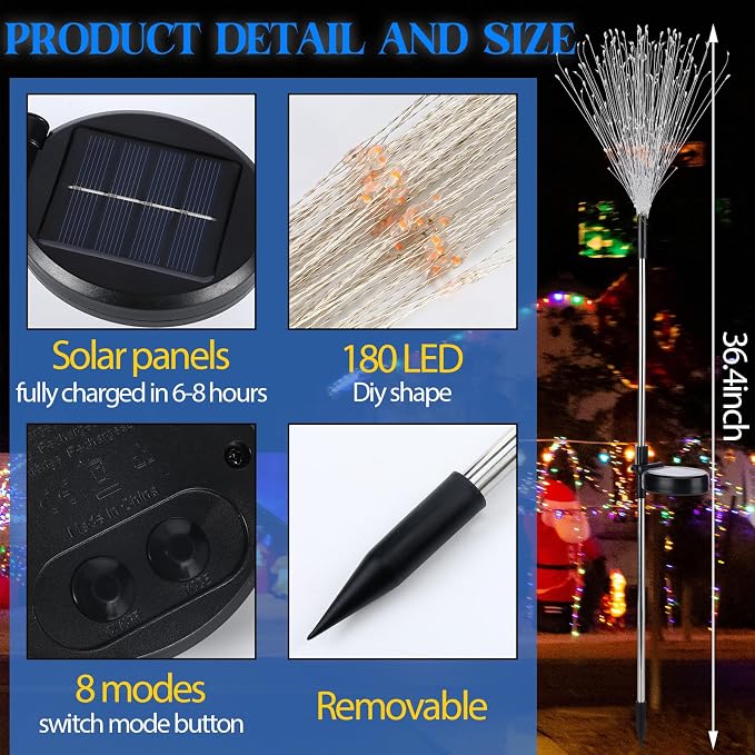 Tujoe 6 Pcs Christmas Solar Firework Stake Lights 180 LED 8 Modes Solar Waterproof LED Sparkler Lights Outdoor Decoration for Garden Patio Yard Pathway Walkway Lawn Xmas Winter Decor (Blue, White)