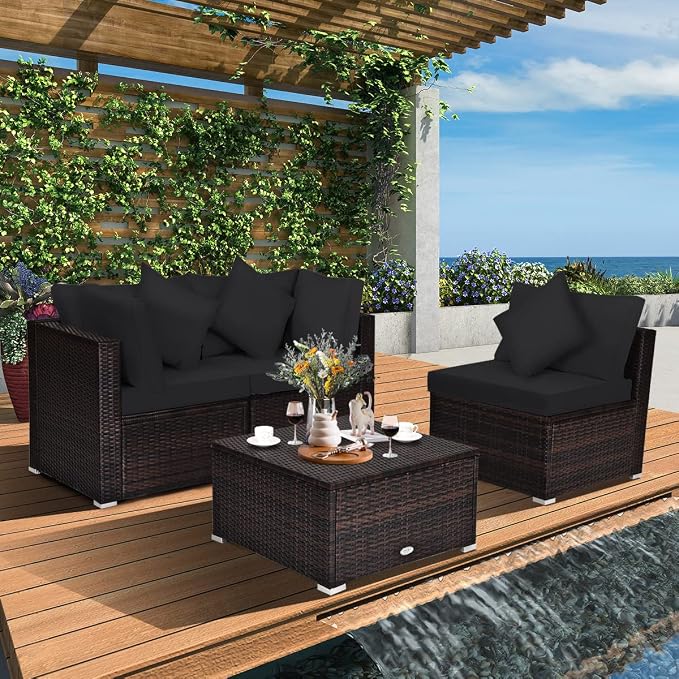 Tangkula 4 PCS Patio Rattan Sofa Set, Outdoor Wicker Sectional Furniture Set, Patio Conversation Set with Removable Cushions & Pillows for Backyard Porch Garden Poolside Balcony (Black)