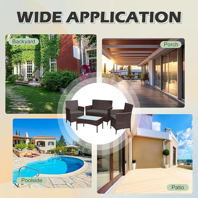 PROHIKER 4 Piece Outdoor Wicker Patio Conversation Furniture Set, Rattan Chair Wicker Sofa Garden Conversation Sets with Cushion and Glass Table for Yard Pool or Backyard, Brown/Dark Gray