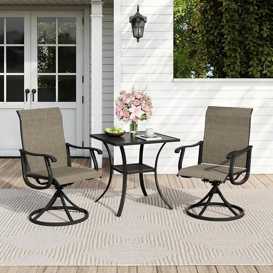 Outdoor Dining Set for 2, 28" Metal Square Outdoor Dining Table and Sling Patio Swivel Chairs, 3 Pieces Patio Table and Chairs Set for Garden Backyard, Mixed Brown and Black