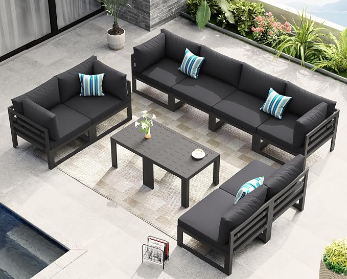 NICESOUL Aluminum Patio Furniture Set 8 Seat, 29" Deep Seating, Modern L Shaped Modular Outdoor Sectional Sofa with Coffee Table, Oversized Comfortable Conversation Set for Backyard Garden, Dark Gray
