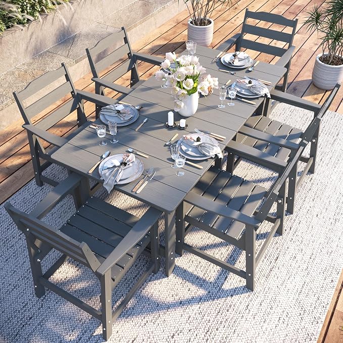 THOEOE 7 Piece Outdoor Dining Set, Patio Dining Table and 6 Chairs, All-Aluminum Frame, All-Weather HDPE Outdoor Furniture with Umbrella Hole for Garden, Lawn, Poolside, Grey
